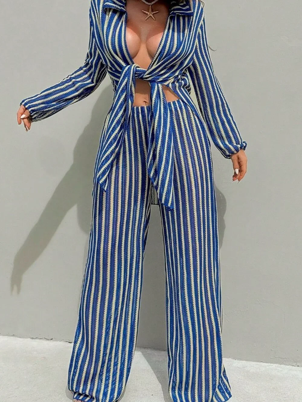 Blue And White Striped Women's Jacquard Fabric Open Front Shirt Collar Cover-Up